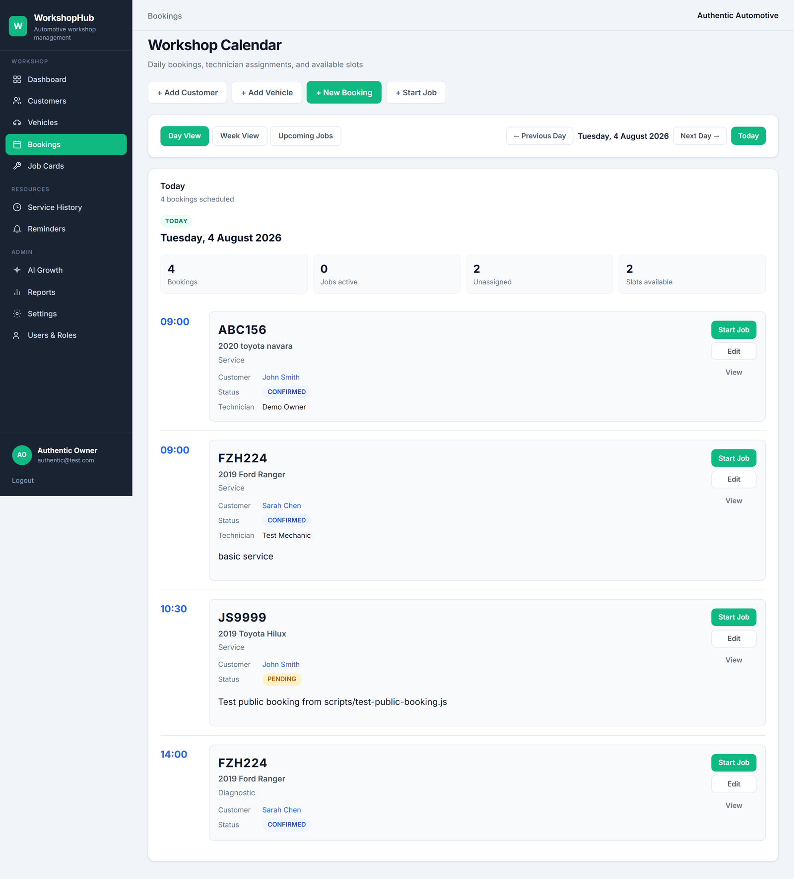 WorkshopHub bookings calendar